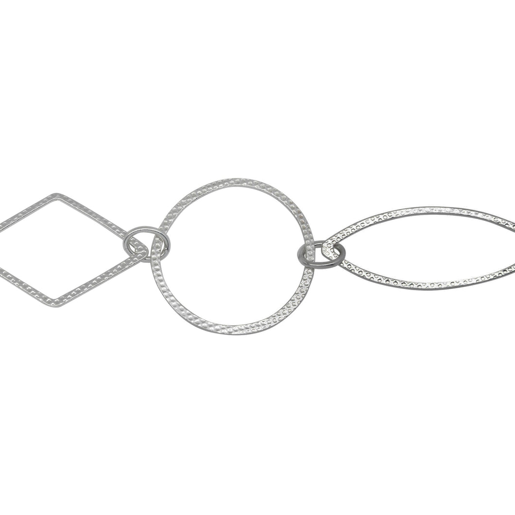 Chain by Foot. Sterling Silver 22.0mm Textured Circle Link Followed by 11.2mm Width by 31.1mm Length Textured Oval Link and 15.4mm Width by 25.5mm Length Textured Diamond Shaped Link, Connected by 4.9mm by 6.2mm Smooth Oval Link, Fancy Chain. Price per: 1 Inch.
