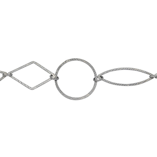 Chain by Foot. Sterling Silver Oxidized 22.0mm Textured Circle Link Followed by 11.2mm Width by 31.1mm Length Textured Oval Link and 15.4mm Width by 25.5mm Length Textured Diamond Shaped Link, Connected by Smooth Oval Link, Fancy Chain. Price per: 1 Inch.