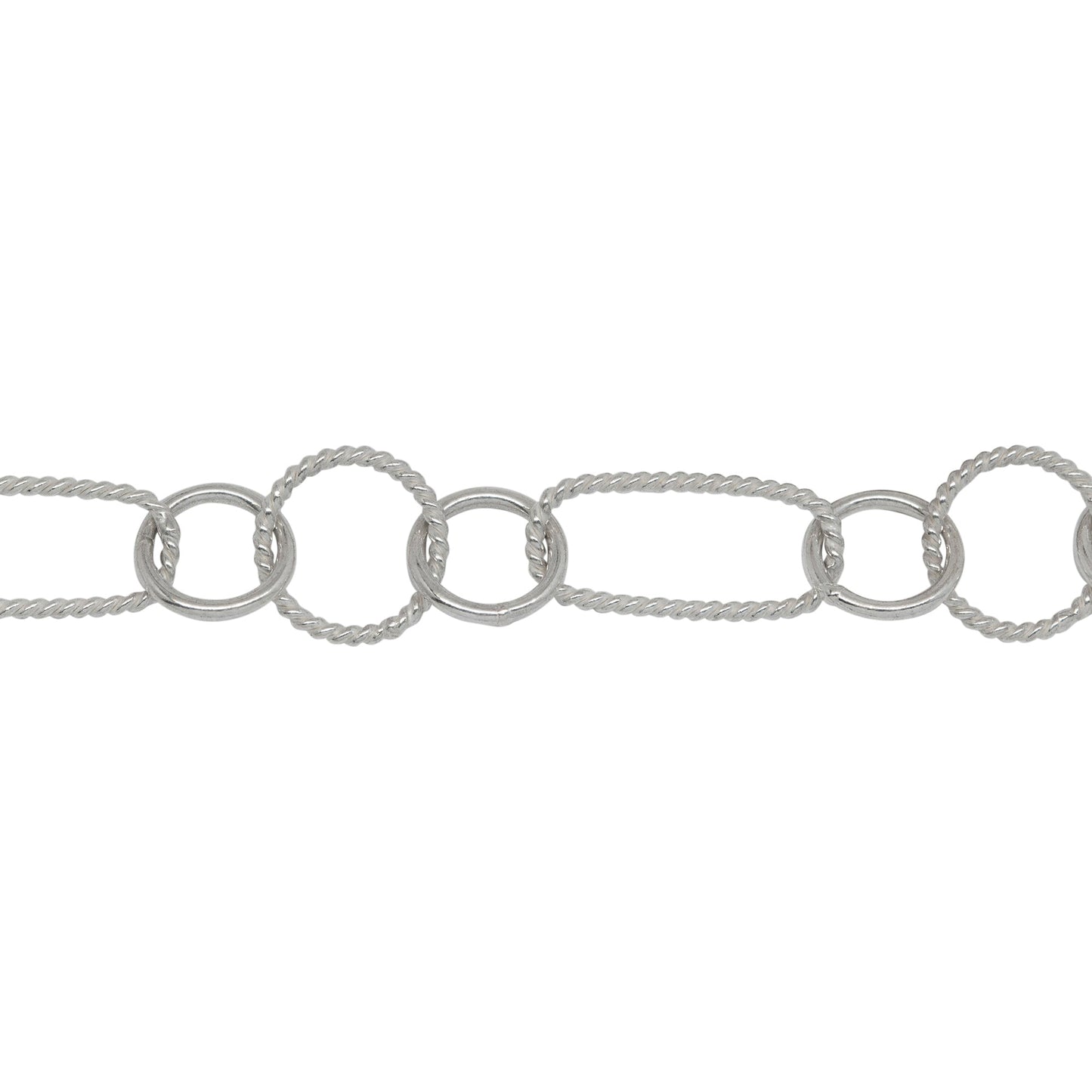 Chain by Foot. Sterling Silver 6.1mm Width by 13.3mm Length Twisted Rectangle Link, Followed by Two of 7.0mm Width / Length Smooth Circle Links and 8.45mm Width / Length Twisted Circle Link in The Middle, Fancy Chain. Price per: 1 Foot.