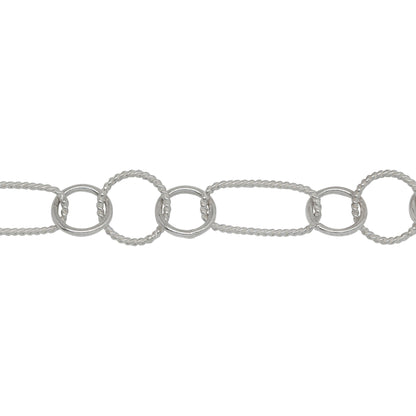 Chain by Foot. Sterling Silver 6.1mm Width by 13.3mm Length Twisted Rectangle Link, Followed by Two of 7.0mm Width / Length Smooth Circle Links and 8.45mm Width / Length Twisted Circle Link in The Middle, Fancy Chain. Price per: 1 Foot.