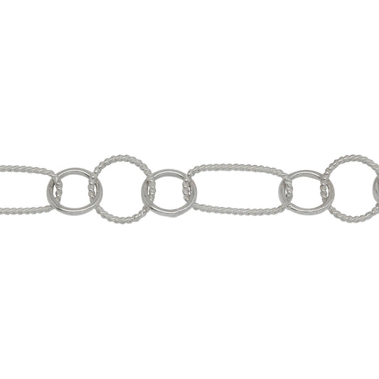Chain by Foot. Sterling Silver 6.1mm Width by 13.3mm Length Twisted Rectangle Link, Followed by Two of 7.0mm Width / Length Smooth Circle Links and 8.45mm Width / Length Twisted Circle Link in The Middle, Fancy Chain. Price per: 1 Foot.