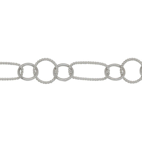 Chain by Foot. Sterling Silver 6.1mm Width by 13.3mm Length Twisted Rectangle Link, Followed by Two of 7.0mm Width / Length Smooth Circle Links and 8.45mm Width / Length Twisted Circle Link in The Middle, Fancy Chain. Price per: 1 Foot.