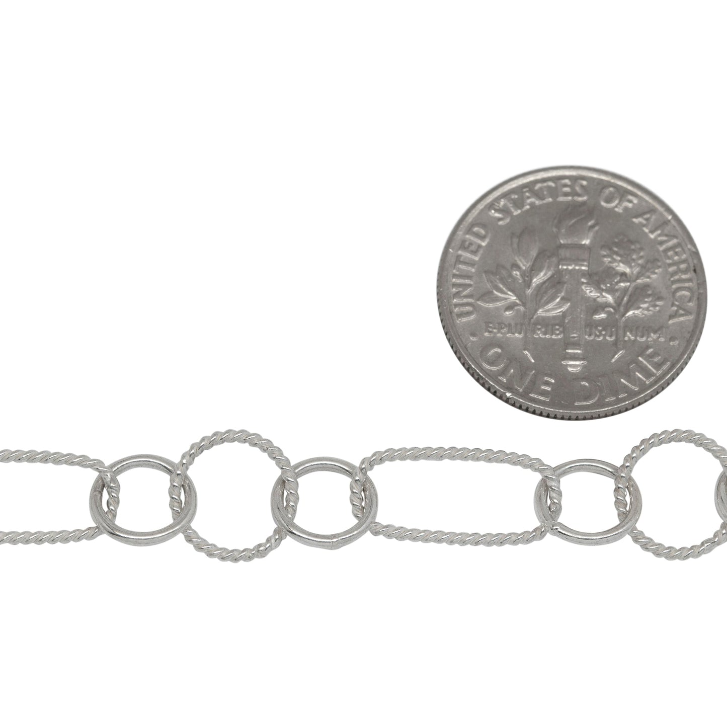 Sterling Silver 6.1mm Width by 13.3mm Length Twisted Rectangle Link, Followed by Two of 7.0mm Width / Length Smooth Circle Links and 8.45mm Width / Length Twisted Circle Link in The Middle, Fancy Chain. Price per: 1 Foot.