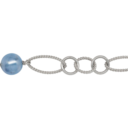 Chain by Foot. Sterling Silver Two of 8.29mm Width by 14.71mm Length Twisted Oval Links, Three of 8.01mm Swarovski Pearls, Two of 6.82mm Width / Length Smooth Circle Links and 8.48mm Width / Length Twisted Circle Link, Long & Short Chain. Price per: 1 Inch.