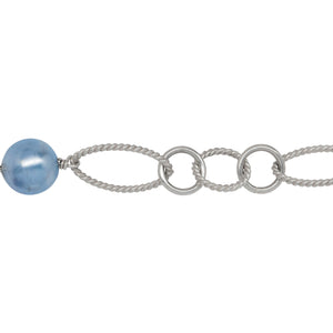 Chain by Foot. Sterling Silver Two of 8.29mm Width by 14.71mm Length Twisted Oval Links, Three of 8.01mm Swarovski Pearls, Two of 6.82mm Width / Length Smooth Circle Links and 8.48mm Width / Length Twisted Circle Link, Long & Short Chain. Price per: 1 Inch.