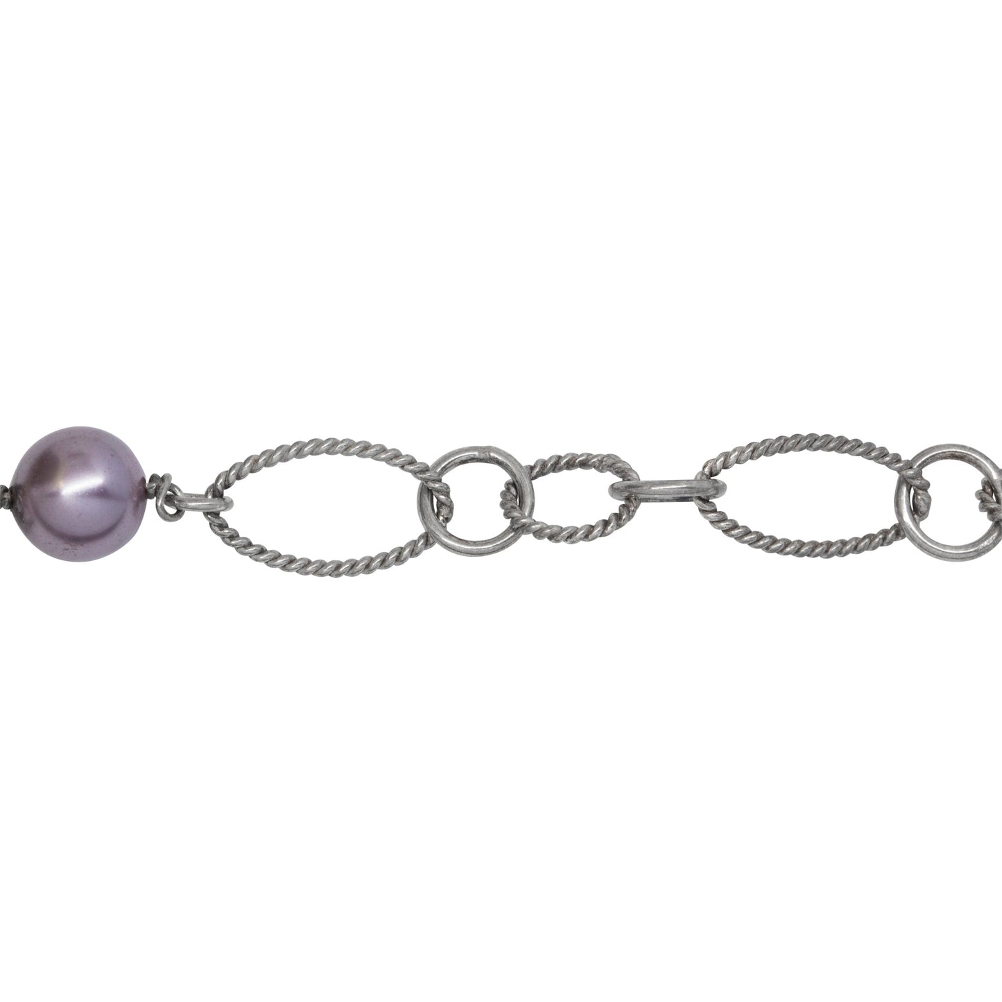 Chain by Foot. Sterling Silver Rhodium Plated Two of 4.17mm Circle Links Connected with Three of 7.96mm Swarovski Pearls, followed by Four of 8.35mm by 14.67 Twisted Oval Links, 5 Smooth Circle Links & Two Twisted Circle Link, Long & Short Chain. Price per: 1 Inch.
