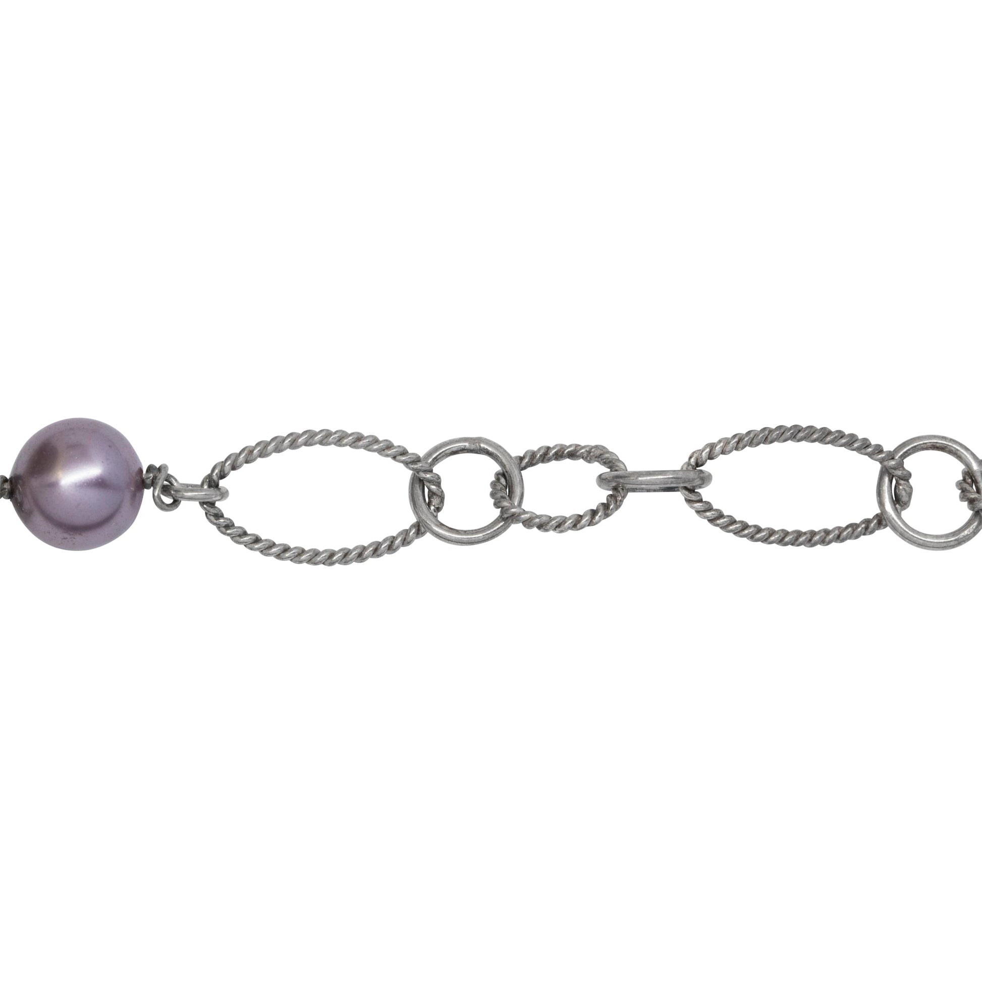 Chain by Foot. Sterling Silver Rhodium Plated Two of 4.17mm Circle Links Connected with Three of 7.96mm Swarovski Pearls, followed by Four of 8.35mm by 14.67 Twisted Oval Links, 5 Smooth Circle Links & Two Twisted Circle Link, Long & Short Chain. Price per: 1 Inch.