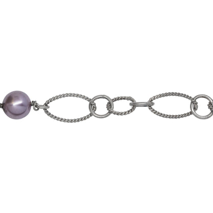 Chain by Foot. Sterling Silver Rhodium Plated Two of 4.17mm Circle Links Connected with Three of 7.96mm Swarovski Pearls, followed by Four of 8.35mm by 14.67 Twisted Oval Links, 5 Smooth Circle Links & Two Twisted Circle Link, Long & Short Chain. Price per: 1 Inch.