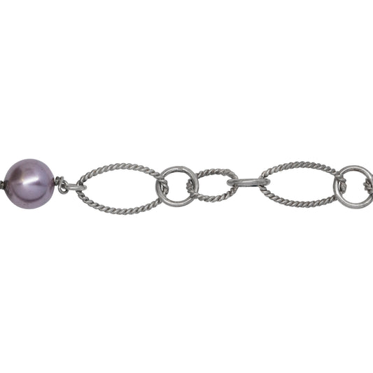 Chain by Foot. Sterling Silver Rhodium Plated Two of 4.17mm Circle Links Connected with Three of 7.96mm Swarovski Pearls, followed by Four of 8.35mm by 14.67 Twisted Oval Links, 5 Smooth Circle Links & Two Twisted Circle Link, Long & Short Chain. Price per: 1 Inch.