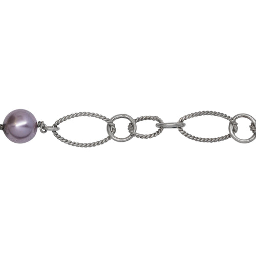 Chain by Foot. Sterling Silver Rhodium Plated Two of 4.17mm Circle Links Connected with Three of 7.96mm Swarovski Pearls, followed by Four of 8.35mm by 14.67 Twisted Oval Links, 5 Smooth Circle Links & Two Twisted Circle Link, Long & Short Chain. Price per: 1 Inch.