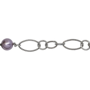 Chain by Foot. Sterling Silver Rhodium Plated Two of 4.17mm Circle Links Connected with Three of 7.96mm Swarovski Pearls, followed by Four of 8.35mm by 14.67 Twisted Oval Links, 5 Smooth Circle Links & Two Twisted Circle Link, Long & Short Chain. Price per: 1 Inch.