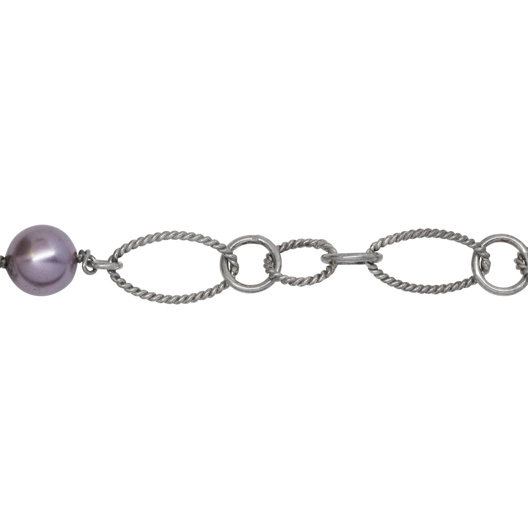 Chain by Foot. Sterling Silver Rhodium Plated Two of 4.17mm Circle Links Connected with Three of 7.96mm Swarovski Pearls, followed by Four of 8.35mm by 14.67 Twisted Oval Links, 5 Smooth Circle Links & Two Twisted Circle Link, Long & Short Chain. Price per: 1 Inch.