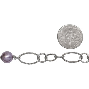 Sterling Silver Rhodium Plated Two of 4.17mm Circle Links Connected with Three of 7.96mm Swarovski Pearls, followed by Four of 8.35mm by 14.67 Twisted Oval Links, 5 Smooth Circle Links & Two Twisted Circle Link, Long & Short Chain. Price per: 1 Inch.