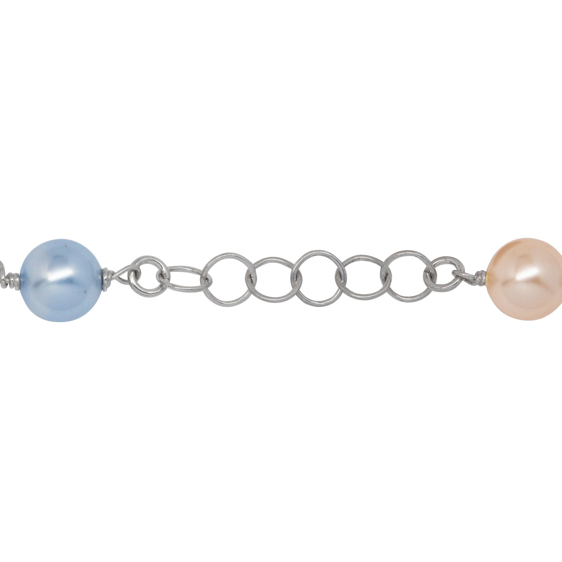 Chain by Foot. Sterling Silver Rhodium Plated Two of 4.12mm Width / Length Smooth Circle Connected with Three of 8.05mm Width / Length Swarovski Pearls, followed by Six of 5.42mm Width / Length Smooth Circle Links of Circle Chain. Price per: 1 Inch.