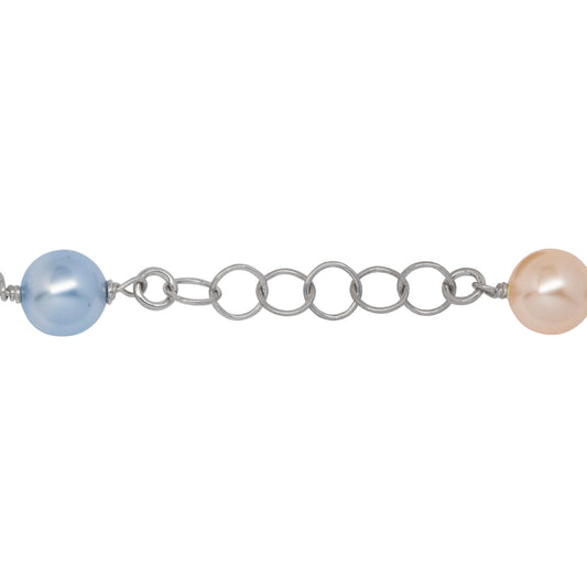 Chain by Foot. Sterling Silver Rhodium Plated Two of 4.12mm Width / Length Smooth Circle Connected with Three of 8.05mm Width / Length Swarovski Pearls, followed by Six of 5.42mm Width / Length Smooth Circle Links of Circle Chain. Price per: 1 Inch.