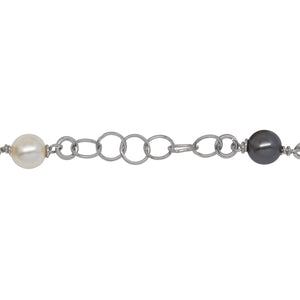 Sterling Silver Rhodium Plated Two of 4.12mm Width / Length Smooth Circle Connected with Two of 6.02mm Width / Length Swarovski Pearls, followed by Six of 5.34mm Width / Length Smooth Circle Links of Circle Chain. Price per: 1 Inch.