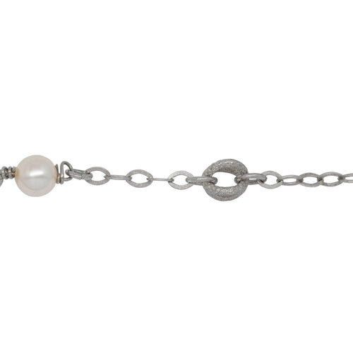 Chain by Foot. Sterling Silver Rhodium Plated Ten of 2.8mm by 4.0mm Flat Diamond Shaped Links and 6.9mm Textured Cage Bead in the Center, With 6.0mm White & Gray Swarovski Pearls Wire Wrapped, Connected to 4.6mm Smooth Open Ring, Gem Stone Chain. Price per: 1 Inch.