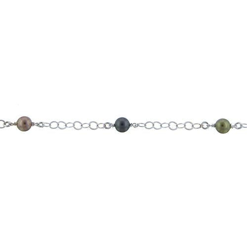 Sterling Silver Eight of 3.77mm Width / Length Flat Circle Links, followed by Two of 3.26mm Width / Length Smooth Circle Links Connected with Three of 6.02mm Width / Length Swarovski Pearls, Gem Stone Chain. Price per: 1 Inch.