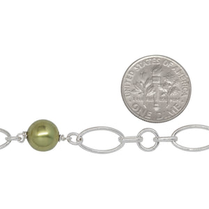 Sterling Silver 6.8mm by 12.5mm Smooth Oval Link, Two of 6.2mm by 3.0mm Elongated Rolo Links and 5.86mm Smooth Circle Link, Three of 8.0mm Swarovski Pearls Connected by 4.0mm Smooth Circle Link, Gem Stone Chain. Price per: 1 Inch.