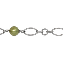 Load image into Gallery viewer, Chain by Foot. Sterling Silver Rhodium Plated 6.8mm by 12.5mm Smooth Oval Link, Two of 6.2mm by 3.0mm Elongated Rolo Links and 5.86mm Smooth Circle Link, Three of 8.0mm Swarovski Pearls Connected by 4.0mm Smooth Circle Link, Gem Stone Chain. Price per: 1 Inch.
