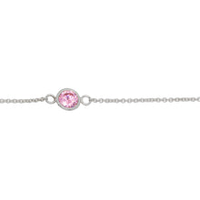 Load image into Gallery viewer, Chain by Foot. Sterling Silver 1.25mm Width by 1.45mm Length Smooth Cable Chain With 6.28mm Width / Length Pink CZ Round Bezel Set Connected by 2.7mm Width / length Smooth Circle On Each Side, Every 2 Inches, Bezel Set Chain. Price per: 1 Inch.
