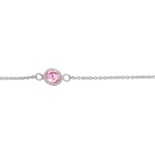 Chain by Foot. Sterling Silver 1.25mm Width by 1.45mm Length Smooth Cable Chain With 6.28mm Width / Length Pink CZ Round Bezel Set Connected by 2.7mm Width / length Smooth Circle On Each Side, Every 2 Inches, Bezel Set Chain. Price per: 1 Inch.