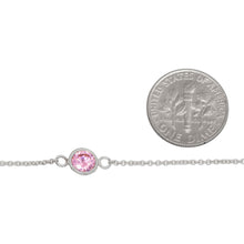 Load image into Gallery viewer, Sterling Silver 1.25mm Width by 1.45mm Length Smooth Cable Chain With 6.28mm Width / Length Pink CZ Round Bezel Set Connected by 2.7mm Width / length Smooth Circle On Each Side, Every 2 Inches, Bezel Set Chain. Price per: 1 Inch.
