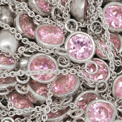Sterling Silver 1.25mm Width by 1.45mm Length Smooth Cable Chain With 6.28mm Width / Length Pink CZ Round Bezel Set Connected by 2.7mm Width / length Smooth Circle On Each Side, Every 2 Inches, Bezel Set Chain. Price per: 1 Inch.