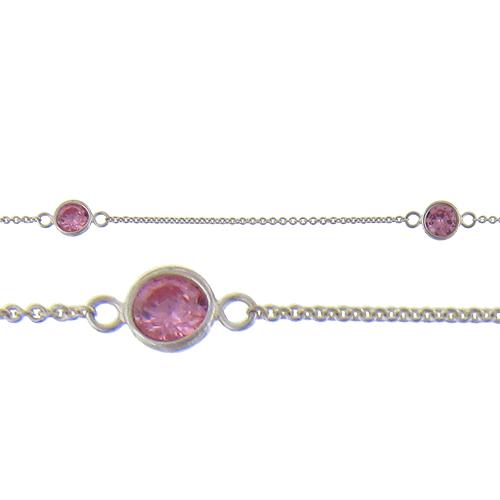 Sterling Silver 1.25mm Width by 1.45mm Length Smooth Cable Chain With 5.15mm Width / Length Pink CZ Round Bezel Set Connected by 2.7mm Width / length Smooth Circle On Each Side, Every 2 Inches, Bezel Set Chain. Price per: 1 Inch.