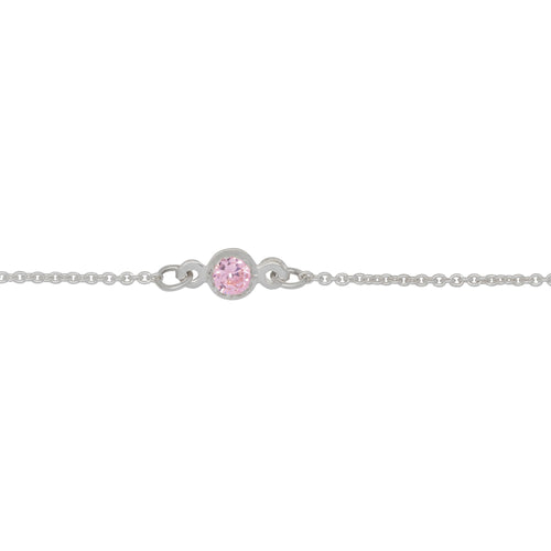 Chain by Foot. Sterling Silver 1.25mm Width by 1.45mm Length Smooth Cable Chain With 4.8mm Width / Length Pink Round CZ Bezel Set Connected by 3.6mm Width / length Smooth Circle On Each Side, Every 2 Inches, Bezel Set Chain. Price per: 1 Inch.