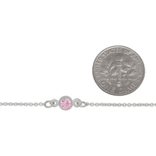 Load image into Gallery viewer, Sterling Silver 1.25mm Width by 1.45mm Length Smooth Cable Chain With 4.8mm Width / Length Pink Round CZ Bezel Set Connected by 3.6mm Width / length Smooth Circle On Each Side, Every 2 Inches, Bezel Set Chain. Price per: 1 Inch.
