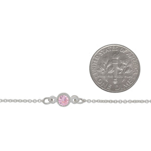 Sterling Silver 1.25mm Width by 1.45mm Length Smooth Cable Chain With 4.8mm Width / Length Pink Round CZ Bezel Set Connected by 3.6mm Width / length Smooth Circle On Each Side, Every 2 Inches, Bezel Set Chain. Price per: 1 Inch.