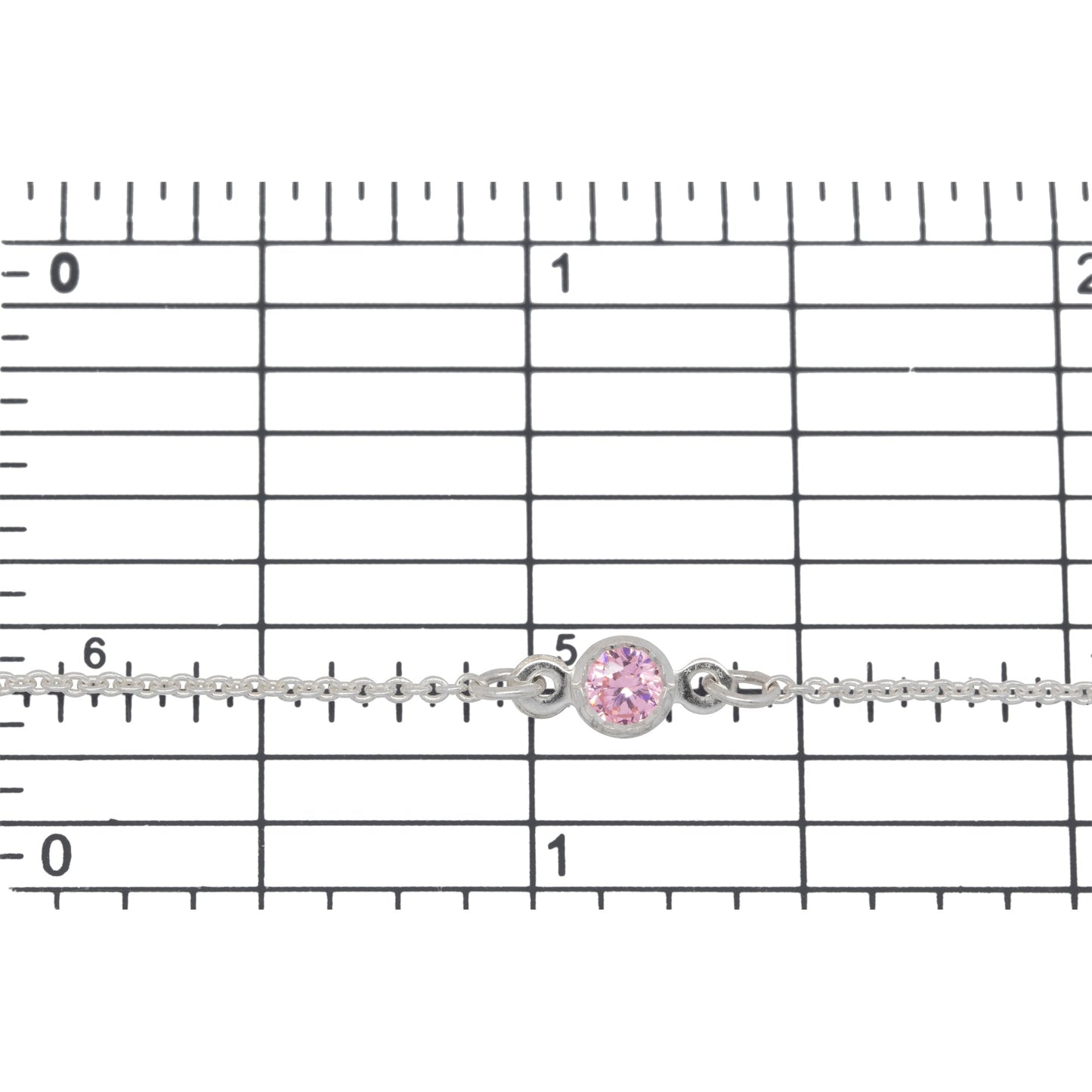 Sterling Silver 1.25mm Width by 1.45mm Length Smooth Cable Chain With 4.8mm Width / Length Pink Round CZ Bezel Set Connected by 3.6mm Width / length Smooth Circle On Each Side, Every 2 Inches, Bezel Set Chain. Price per: 1 Inch.