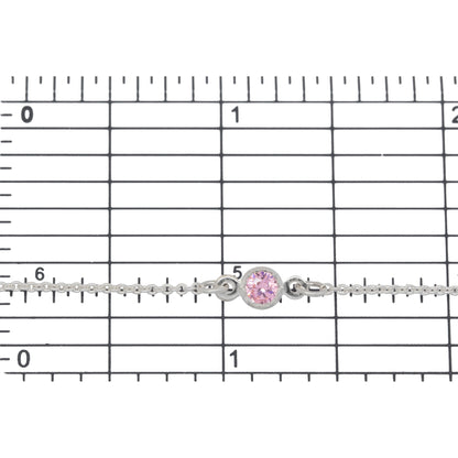 Sterling Silver 1.25mm Width by 1.45mm Length Smooth Cable Chain With 4.8mm Width / Length Pink Round CZ Bezel Set Connected by 3.6mm Width / length Smooth Circle On Each Side, Every 2 Inches, Bezel Set Chain. Price per: 1 Inch.