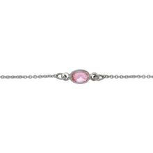 Load image into Gallery viewer, Chain by Foot. Sterling Silver Rhodium Plated 1.25mm Width by 1.45mm Length Smooth Cable Chain With 5.0mm Width by 6.5mm Length Pink Oval CZ Bezel Set Connected by 3.6mm Width / length Smooth Circle On Each Side, Every 2 Inches, Bezel Set Chain. Price per: 1 Inch.
