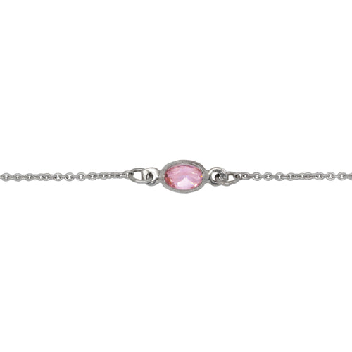 Chain by Foot. Sterling Silver Rhodium Plated 1.25mm Width by 1.45mm Length Smooth Cable Chain With 5.0mm Width by 6.5mm Length Pink Oval CZ Bezel Set Connected by 3.6mm Width / length Smooth Circle On Each Side, Every 2 Inches, Bezel Set Chain. Price per: 1 Inch.