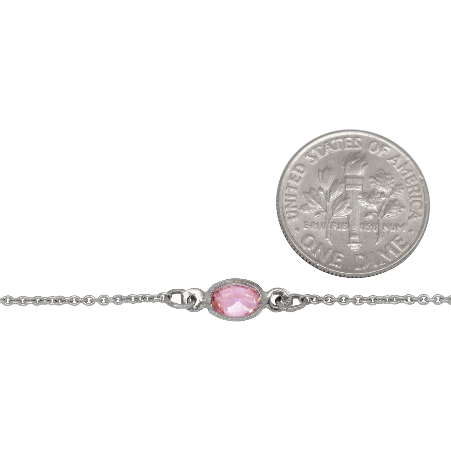 Sterling Silver Rhodium Plated 1.25mm Width by 1.45mm Length Smooth Cable Chain With 5.0mm Width by 6.5mm Length Pink Oval CZ Bezel Set Connected by 3.6mm Width / length Smooth Circle On Each Side, Every 2 Inches, Bezel Set Chain. Price per: 1 Inch.