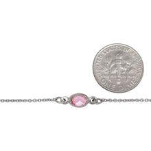 Load image into Gallery viewer, Sterling Silver Rhodium Plated 1.25mm Width by 1.45mm Length Smooth Cable Chain With 5.0mm Width by 6.5mm Length Pink Oval CZ Bezel Set Connected by 3.6mm Width / length Smooth Circle On Each Side, Every 2 Inches, Bezel Set Chain. Price per: 1 Inch.
