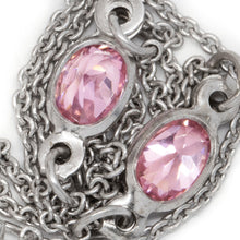 Load image into Gallery viewer, Sterling Silver Rhodium Plated 1.25mm Width by 1.45mm Length Smooth Cable Chain With 5.0mm Width by 6.5mm Length Pink Oval CZ Bezel Set Connected by 3.6mm Width / length Smooth Circle On Each Side, Every 2 Inches, Bezel Set Chain. Price per: 1 Inch.
