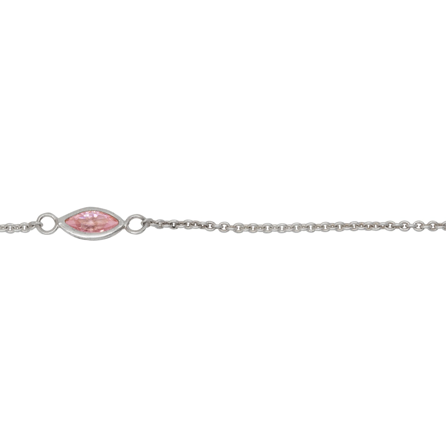 Sterling Silver 4.15mm by 8.76mm Pink CZ Oval Bezel Set Link Connected by 2.72mm Smooth Circles on Each Side of Bezel Set, followed by 1.33mm by 1.5 Smooth Cable Chain Every 2 Inches, Bezel Set Chain. Price per: 1 Inch.