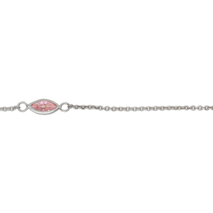 Sterling Silver 4.15mm by 8.76mm Pink CZ Oval Bezel Set Link Connected by 2.72mm Smooth Circles on Each Side of Bezel Set, followed by 1.33mm by 1.5 Smooth Cable Chain Every 2 Inches, Bezel Set Chain. Price per: 1 Inch.