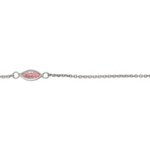 Load image into Gallery viewer, Sterling Silver 4.15mm by 8.76mm Pink CZ Oval Bezel Set Link Connected by 2.72mm Smooth Circles on Each Side of Bezel Set, followed by 1.33mm by 1.5 Smooth Cable Chain Every 2 Inches, Bezel Set Chain. Price per: 1 Inch.
