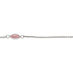 Sterling Silver 4.15mm by 8.76mm Pink CZ Oval Bezel Set Link Connected by 2.72mm Smooth Circles on Each Side of Bezel Set, followed by 1.33mm by 1.5 Smooth Cable Chain Every 2 Inches, Bezel Set Chain. Price per: 1 Inch.