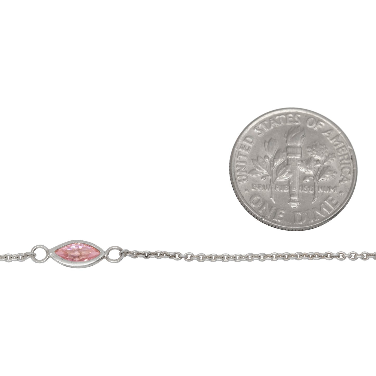 Sterling Silver 4.15mm by 8.76mm Pink CZ Oval Bezel Set Link Connected by 2.72mm Smooth Circles on Each Side of Bezel Set, followed by 1.33mm by 1.5 Smooth Cable Chain Every 2 Inches, Bezel Set Chain. Price per: 1 Inch.