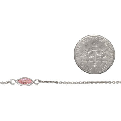 Sterling Silver 4.15mm by 8.76mm Pink CZ Oval Bezel Set Link Connected by 2.72mm Smooth Circles on Each Side of Bezel Set, followed by 1.33mm by 1.5 Smooth Cable Chain Every 2 Inches, Bezel Set Chain. Price per: 1 Inch.