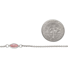 Load image into Gallery viewer, Sterling Silver 4.15mm by 8.76mm Pink CZ Oval Bezel Set Link Connected by 2.72mm Smooth Circles on Each Side of Bezel Set, followed by 1.33mm by 1.5 Smooth Cable Chain Every 2 Inches, Bezel Set Chain. Price per: 1 Inch.
