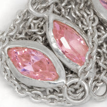 Load image into Gallery viewer, Sterling Silver 4.15mm by 8.76mm Pink CZ Oval Bezel Set Link Connected by 2.72mm Smooth Circles on Each Side of Bezel Set, followed by 1.33mm by 1.5 Smooth Cable Chain Every 2 Inches, Bezel Set Chain. Price per: 1 Inch.
