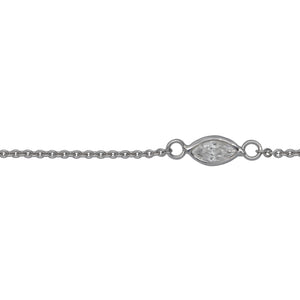 Sterling Silver Rhodium Plated 4.15mm by 8.76mm White CZ Oval Bezel Set Link Connected by 2.72mm Smooth Circles on Each Side of Bezel Set, followed by 1.33mm by 1.5 Smooth Cable Chain Every 2 Inches, Bezel Set Chain. Price per: 1 Inch.