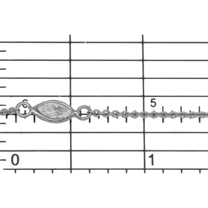 Sterling Silver Rhodium Plated 4.15mm by 8.76mm White CZ Oval Bezel Set Link Connected by 2.72mm Smooth Circles on Each Side of Bezel Set, followed by 1.33mm by 1.5 Smooth Cable Chain Every 2 Inches, Bezel Set Chain. Price per: 1 Inch.