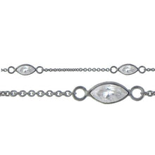 Load image into Gallery viewer, Sterling Silver Rhodium Plated 4.15mm by 8.76mm White CZ Oval Bezel Set Link Connected by 2.72mm Smooth Circles on Each Side of Bezel Set, followed by 1.33mm by 1.5 Smooth Cable Chain Every 2 Inches, Bezel Set Chain. Price per: 1 Inch.
